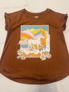 SO Brown Tee with Pastel Unicorn Graphic